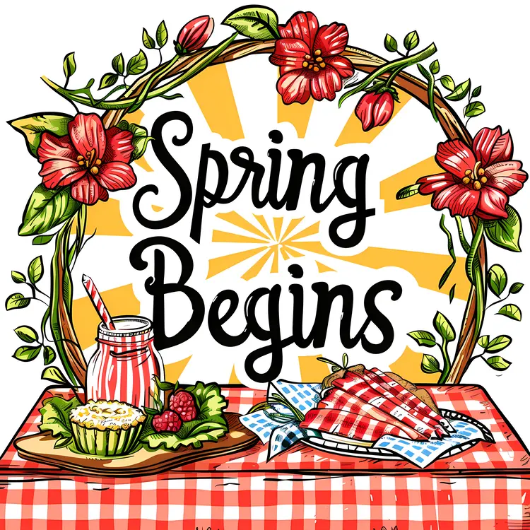 Spring Begins Text with Flowers and Picnic
