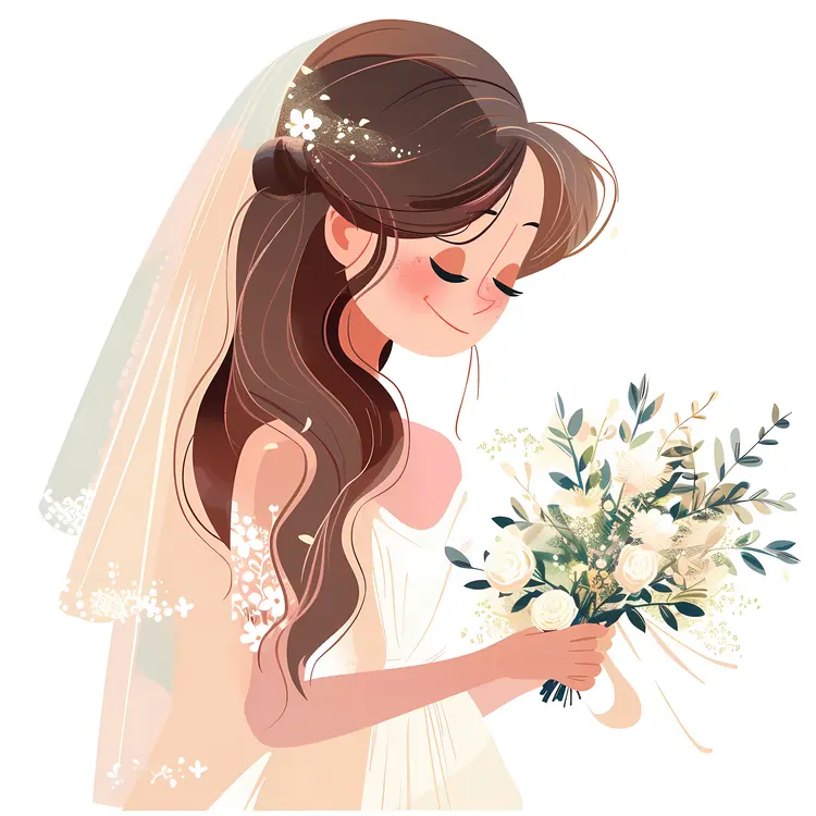 Elegant Cartoon Bride Holding Bouquet