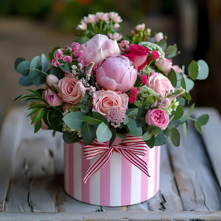 Pink and White Floral Arrangement in Striped Box with Ribbon