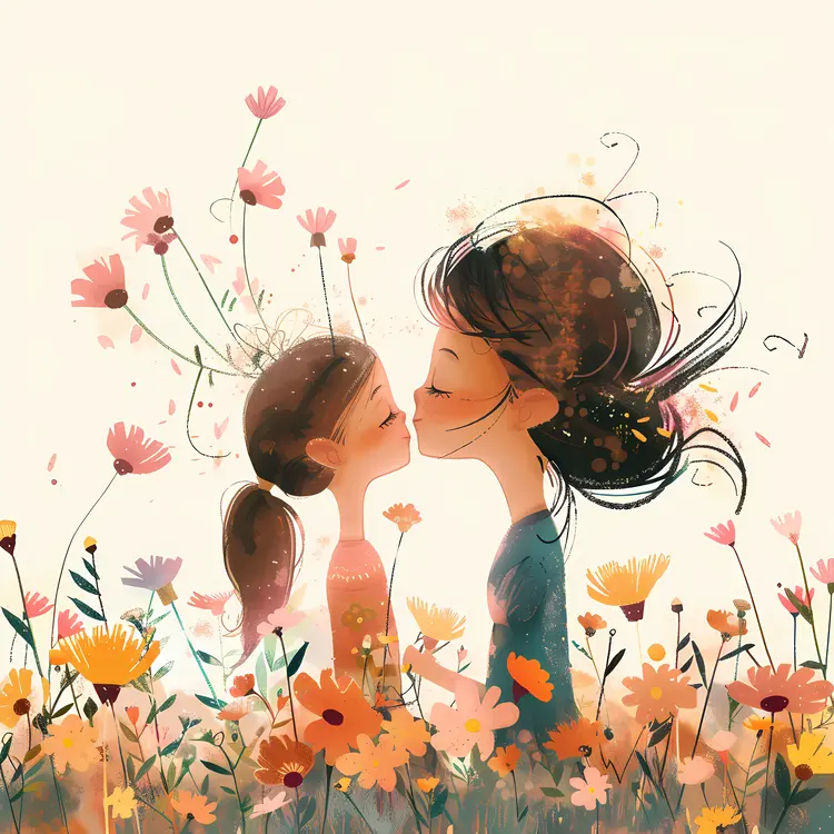 Mother and Daughter Kissing in a Flower Field