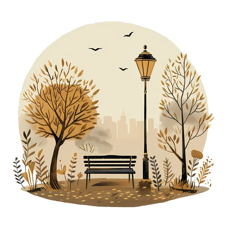 Autumn Park Bench with Lamp Post and Birds