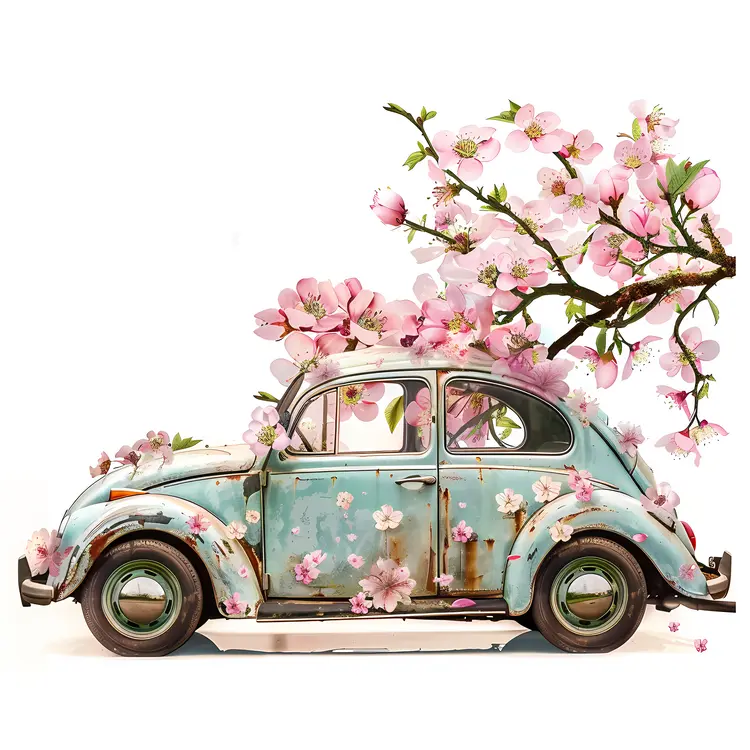 Side View of Vintage Car with Cherry Blossoms