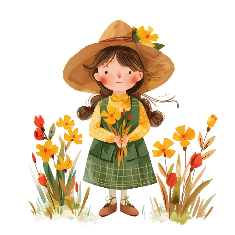 Girl in Green Dress with Daffodils