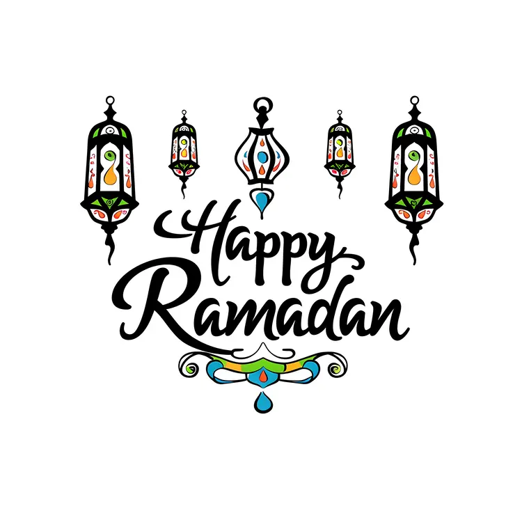 Colorful Lanterns with Happy Ramadan Text
