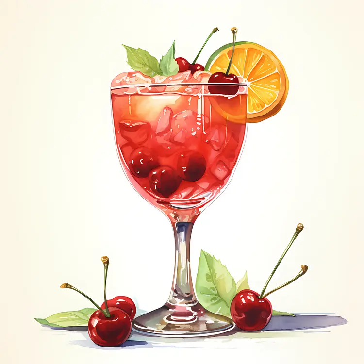 Red Cocktail with Orange and Cherries Illustration