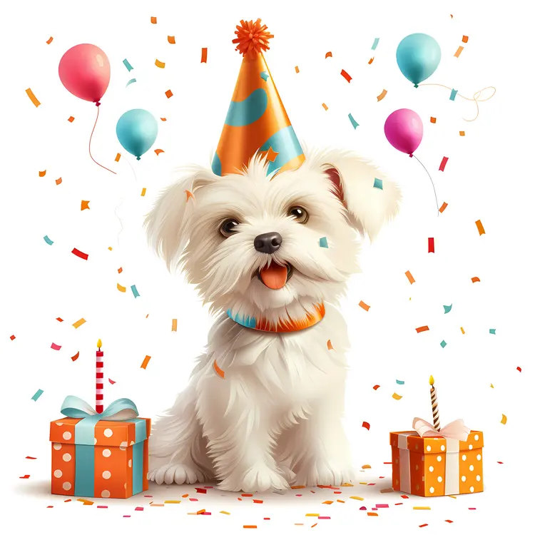 Cute Dog with Party Hat and Gifts