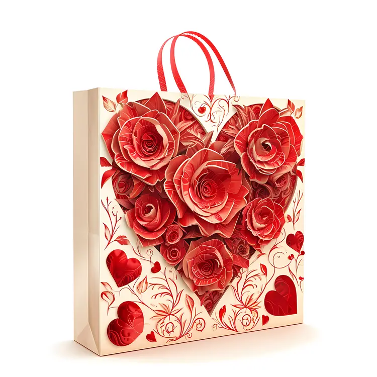 Red Gift Bag with Heart and Roses for Valentine's Day