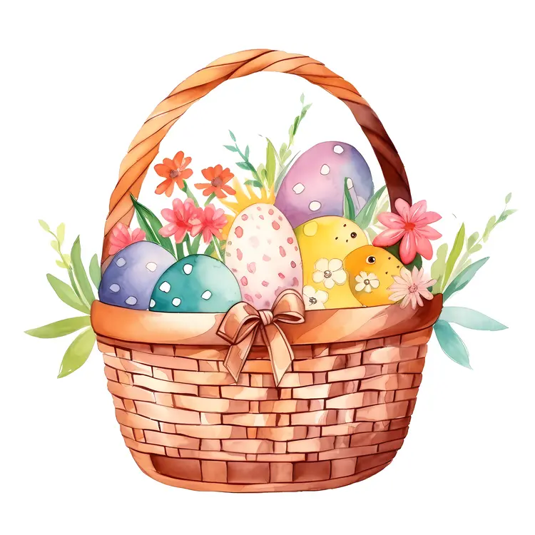 Watercolor Easter Eggs in a Basket with Flowers