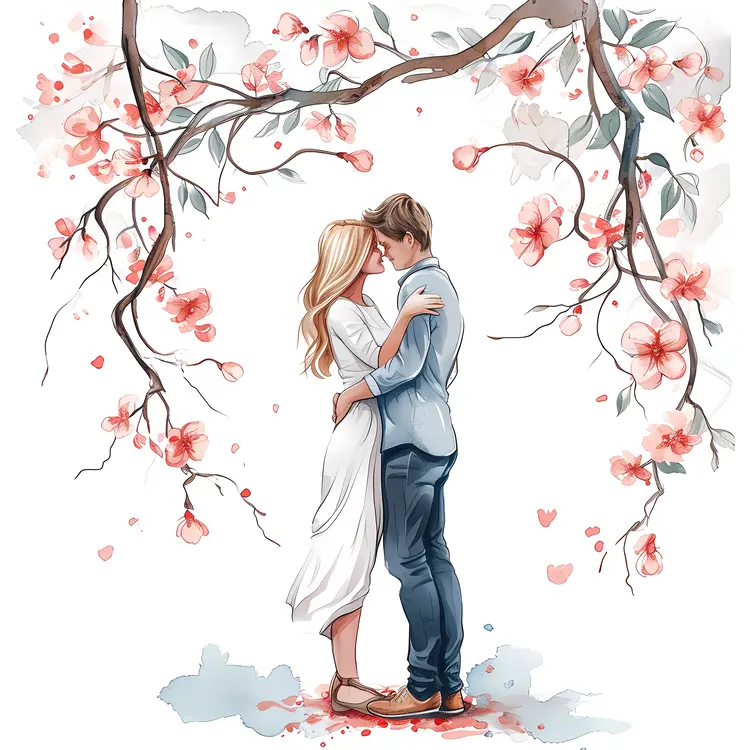 Couple Embracing Under Blossoms