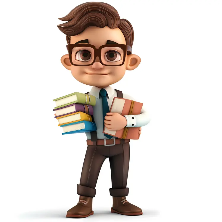 Cartoon Man Holding Stack of Books
