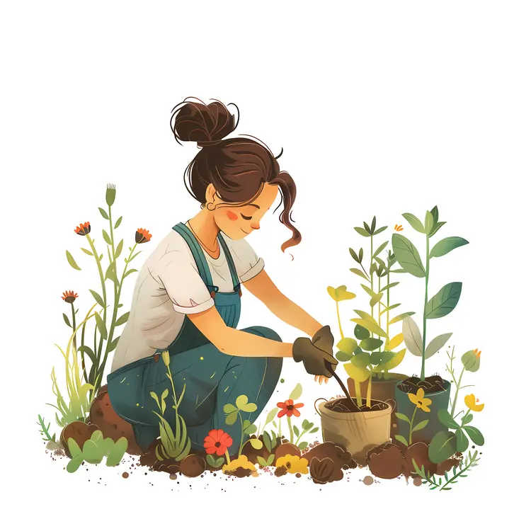 Woman Planting Flowers in Garden