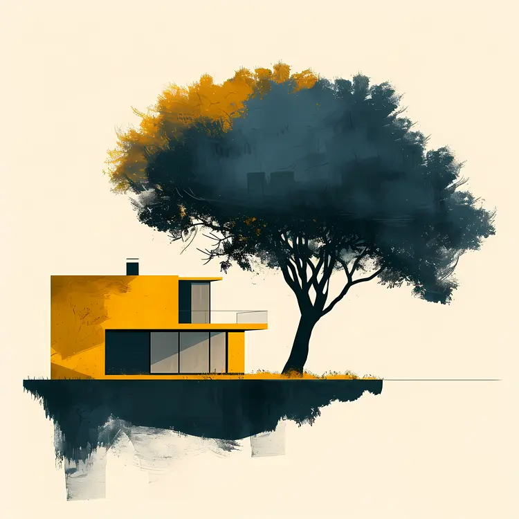 Modern House with Yellow and Black Tree