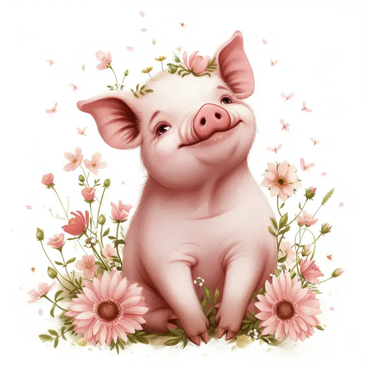 Joyful Piglet Amidst Floral Blooms