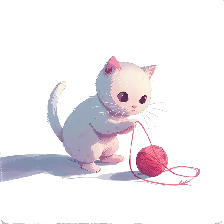 White Kitten with Red Yarn