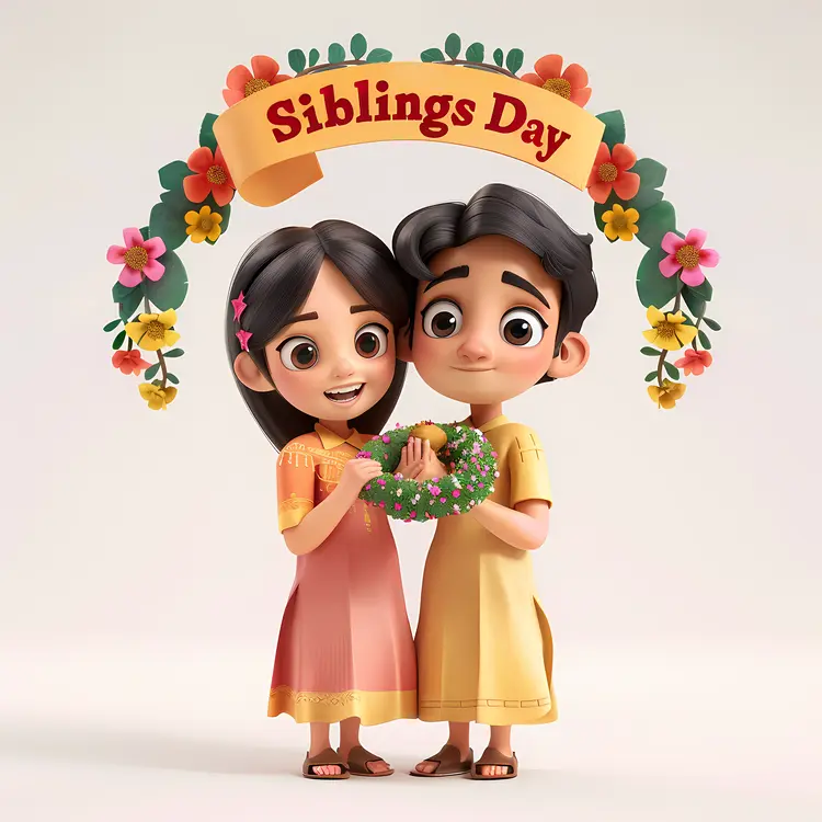 Happy Siblings Holding a Garland for Siblings Day