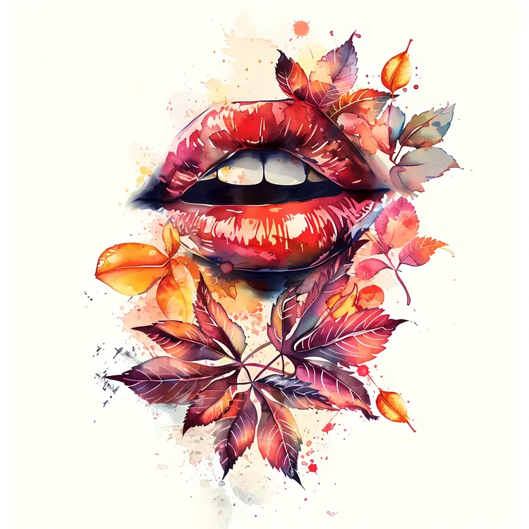 Red Lips with Autumn Leaves Watercolor Art
