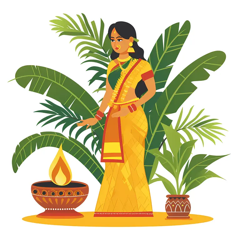 Woman in Traditional Yellow Sari with Lamp