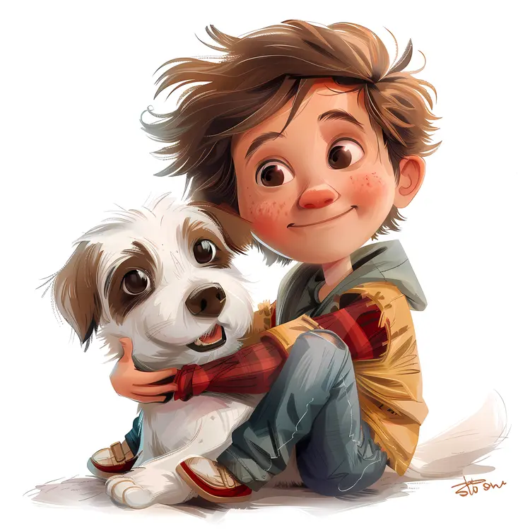 Boy Hugging Dog Illustration