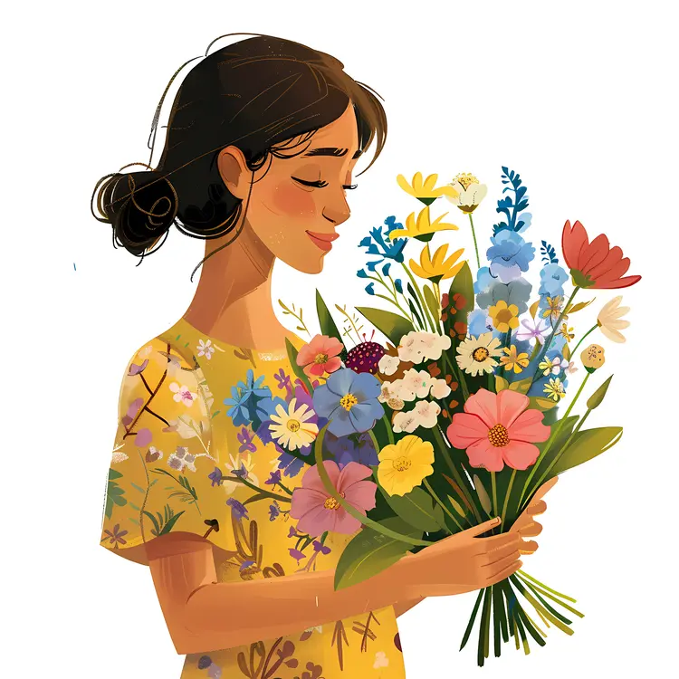 Illustration of Woman Holding a Bouquet