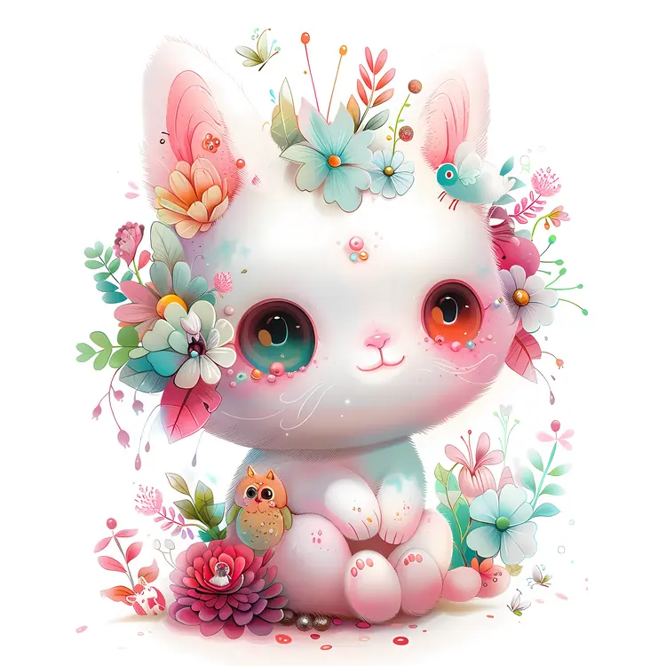 Cute Cat with Floral Decorations