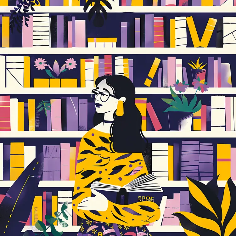 Woman with Book in Colorful Library