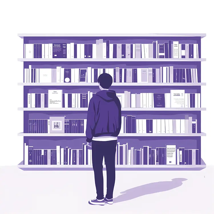 Boy Reading Books in Library