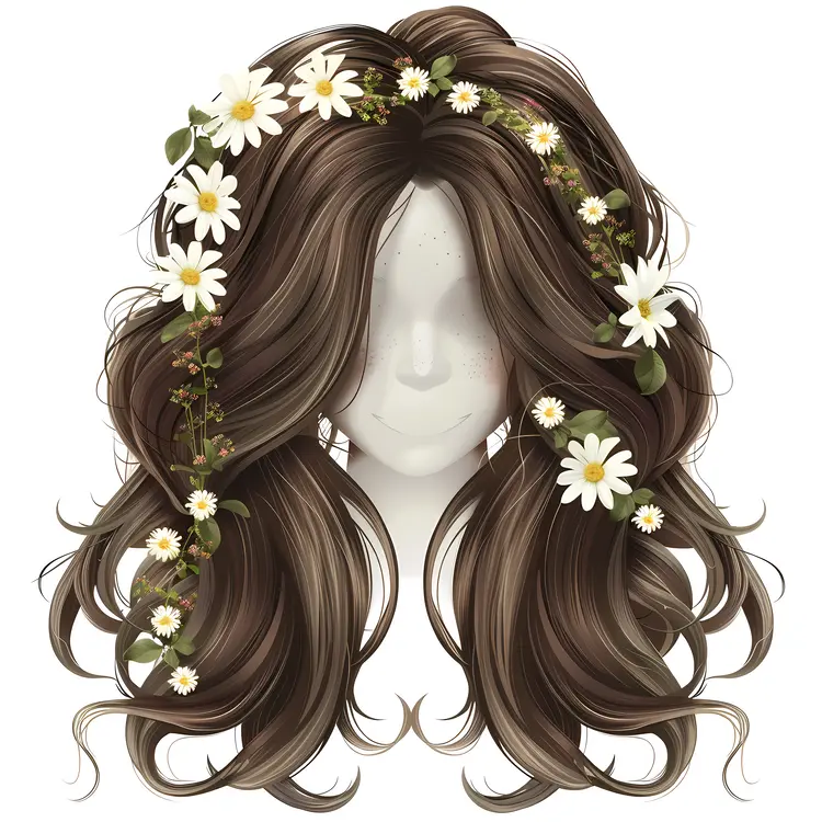 Brown Curly Hair with Daisies