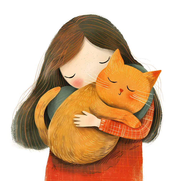 Girl Hugging Cat Illustration