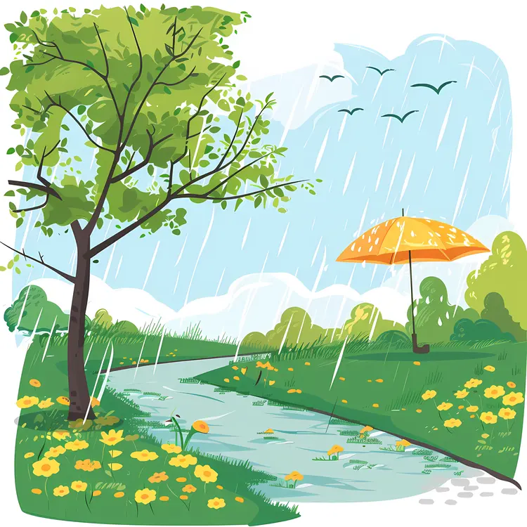 Yellow Umbrella in a Rainy Landscape