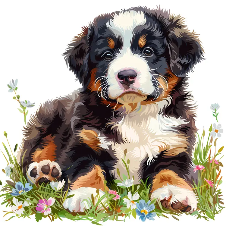 Cute Puppy in Grass with Colorful Flowers