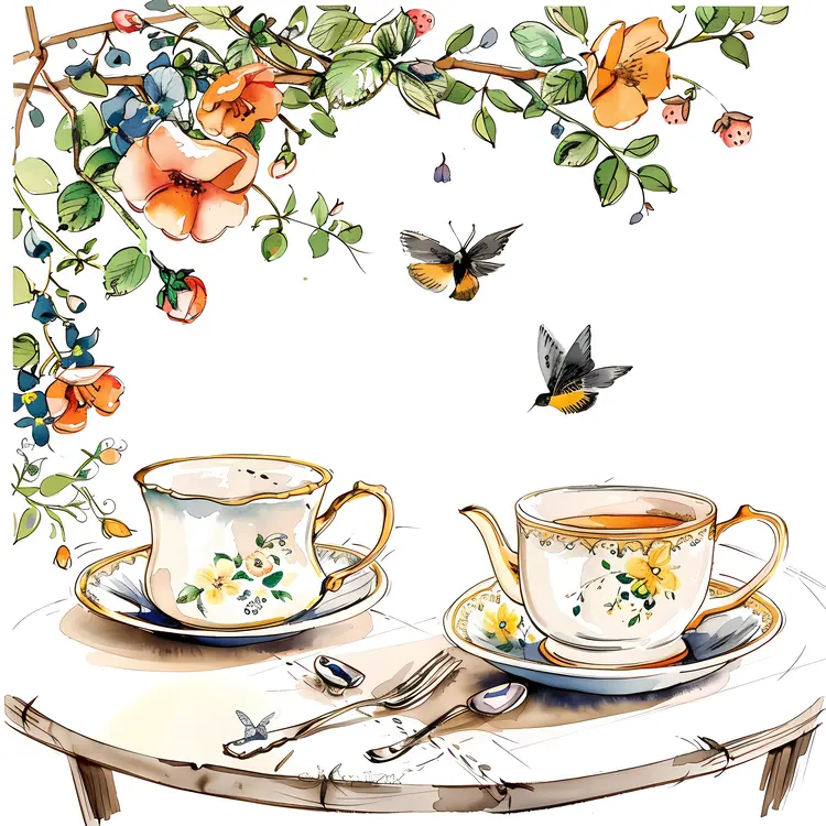 Tea Set with Cups and Flowers