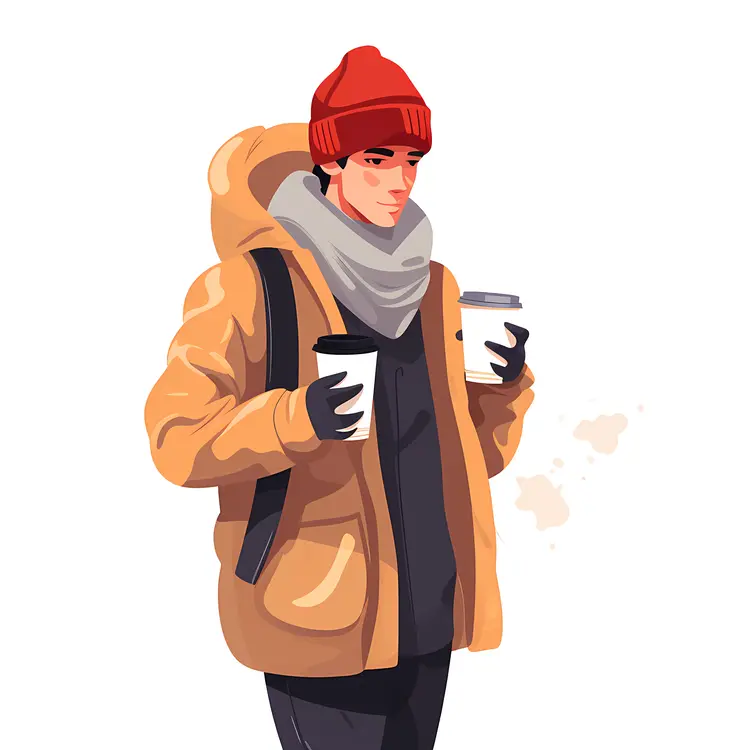 Man with Coffee Cup in Winter Clothing