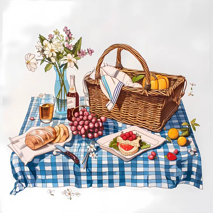 Picnic Basket with Fruits and Bread