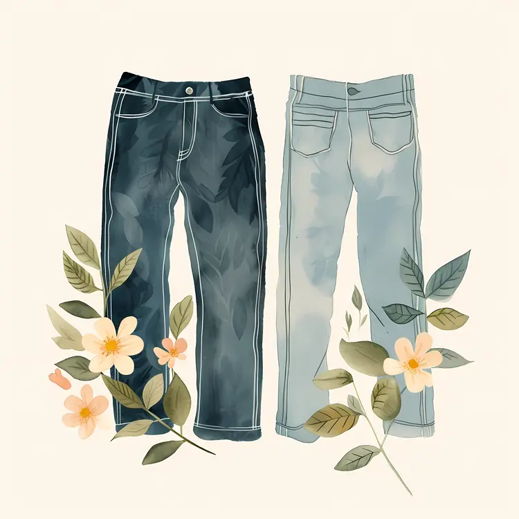 Two Pairs of Blue Jeans with Flowers