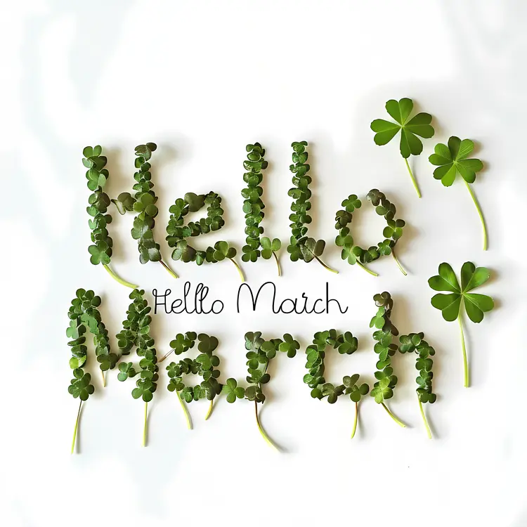 Hello March Text with Clover Decoration