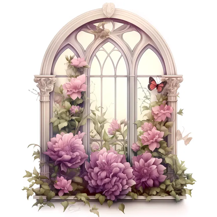 Charming Window with Flowers and Butterfly