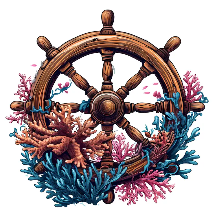 Ship Wheel with Coral and Ocean