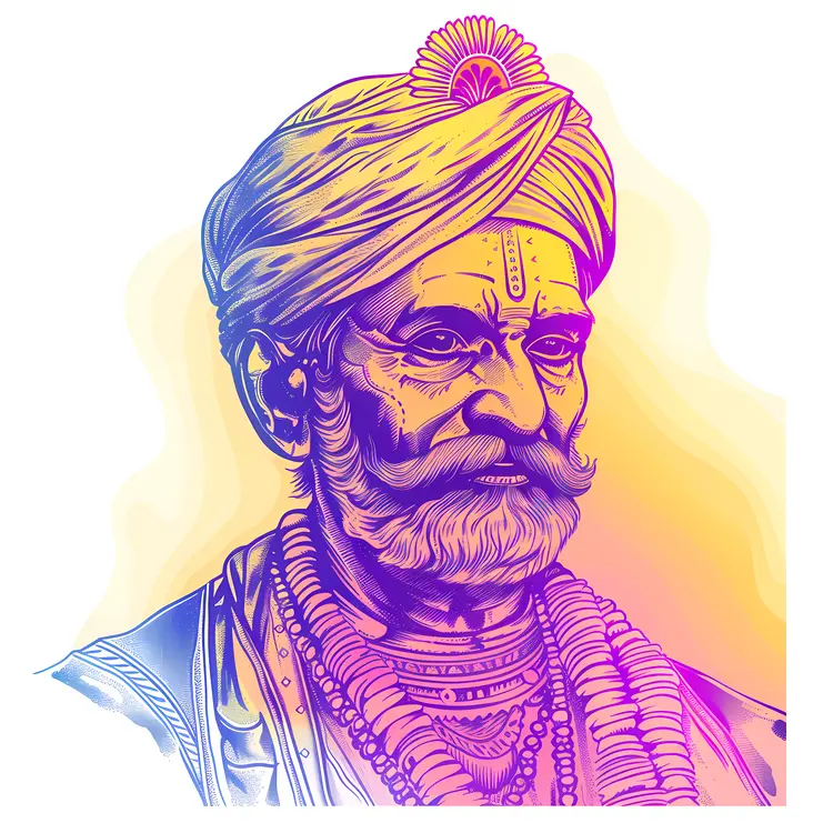 Elderly Man in Traditional Attire with Beads and Turban
