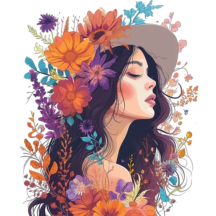 Woman with Floral Hat in Profile View