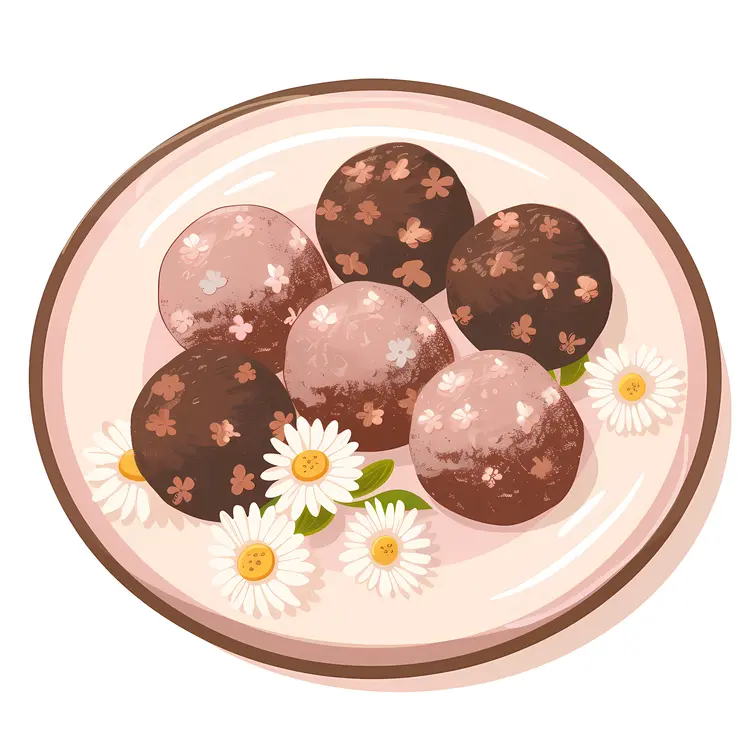 Decorated Brown Balls on a Plate with Flowers
