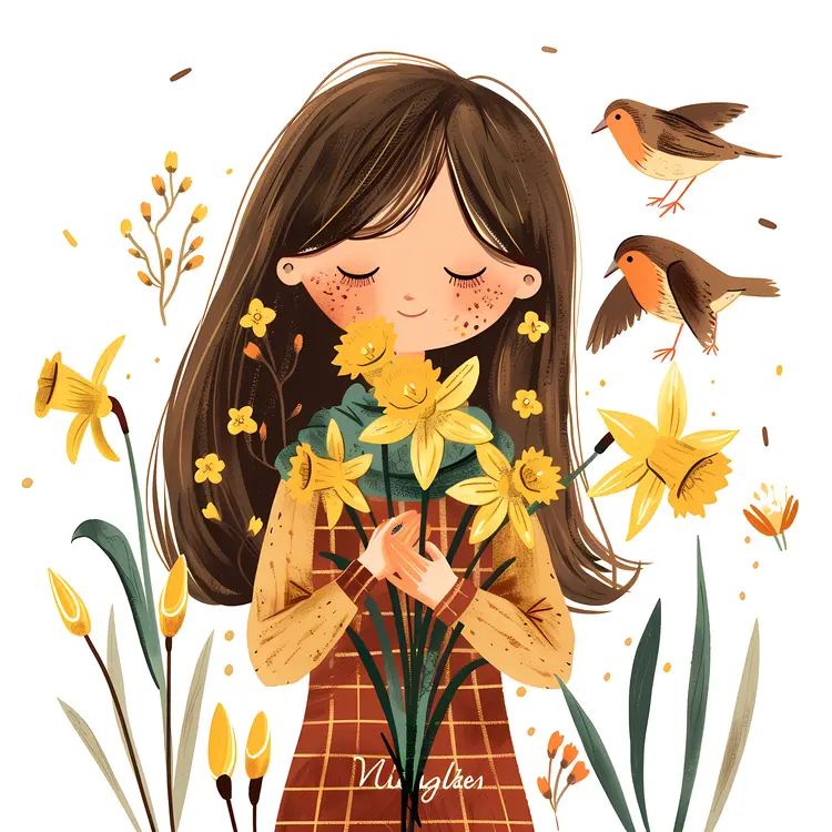 Girl with Yellow Flowers and Birds