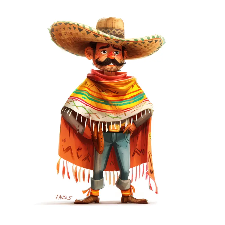 Cartoon Man in Sombrero and Poncho