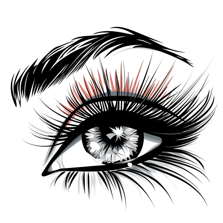 Eye Illustration with Red Accents and Long Eyelashes
