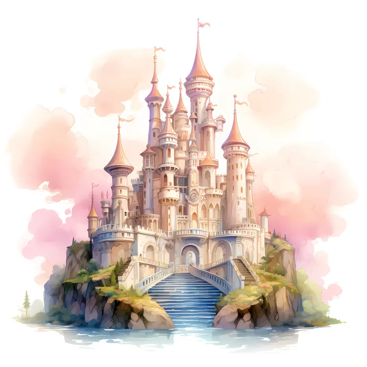 Fantasy Castle on a Hill with Pink Sky