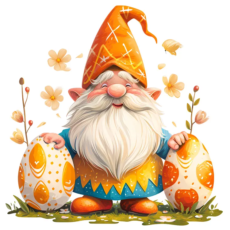 Cute Gnome with Easter Eggs and Flowers