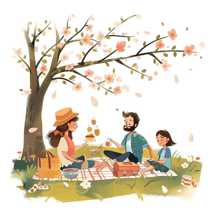 Family Enjoying a Picnic Under a Blossoming Tree