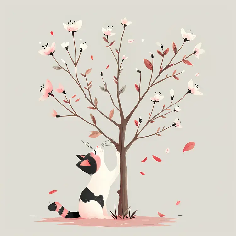 Cat Climbing a Tree with Blossoms