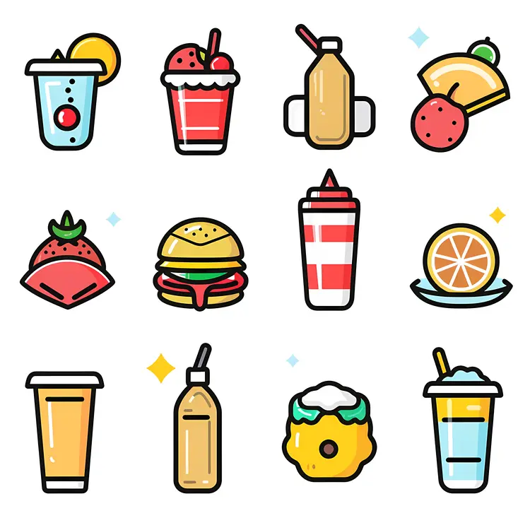 Cartoon Style Assorted Drinks and Snacks