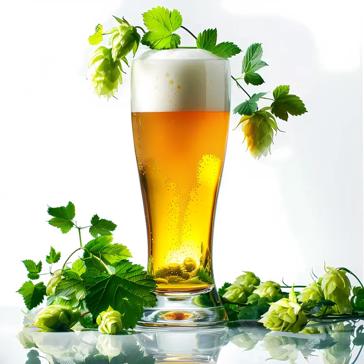 Beer Glass with Hops and Leaves