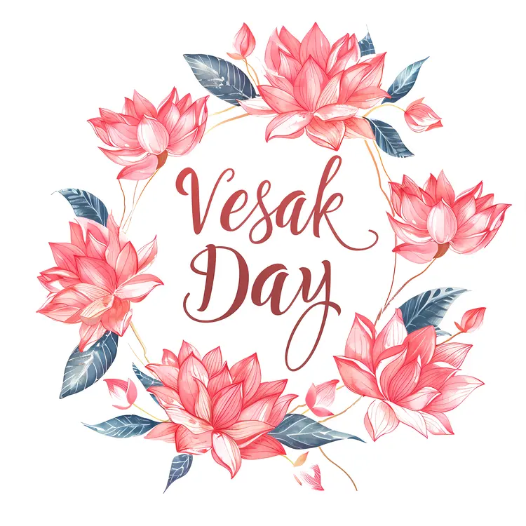 Pink Lotus Flowers in Watercolor Wreath for Vesak Day